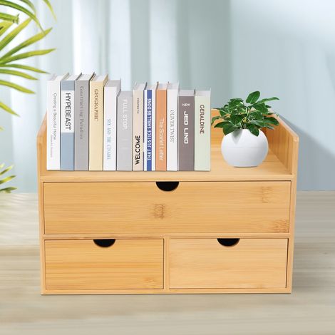 Organisateur de bureau en bambou avec 3 tiroirs Tabletop Cosmetic Storage Simple Design NEW (1/5)