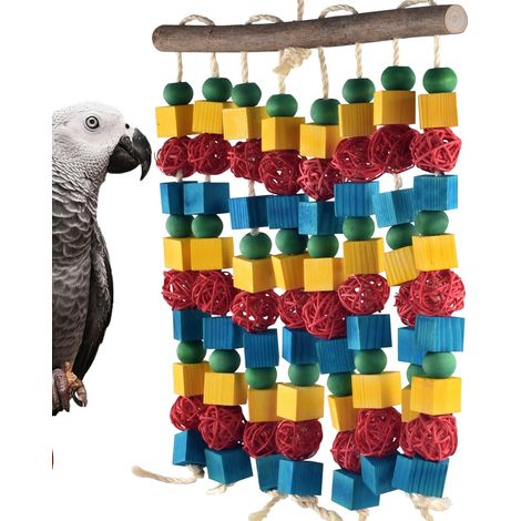 Jouet pour perroquet de grande taille (45 cm) – Boules multicolores en bois naturel, perles et rotin à mâcher et à déchirer (aras, perroquets gris du Gabon et plus encore)