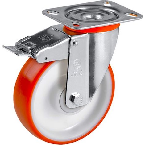 Roulette pivotante à frein diamètre 80 mm roue polyuréthane rouge roulement à billes - 130 Kg (1/3)