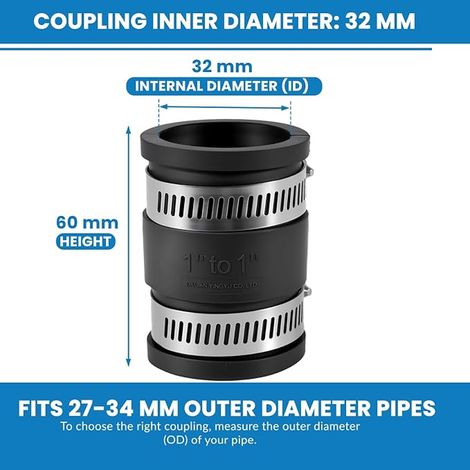 Manchons Flexibles, Ø 32 mm Raccords pour Tuyaux Diamètre Extérieur 27-34 mm, avec Colliers en Acier Inoxydable, pour les Tuyaux en Plastique/Cuivre/Acier (1/4)