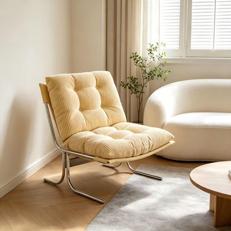 Sillón de salón - 73.6 x 84 x 84.5 cm - cojín desenfundable, asiento cómodo, patas de metal - estilo barcelona moderno - pana - crema (1/5)