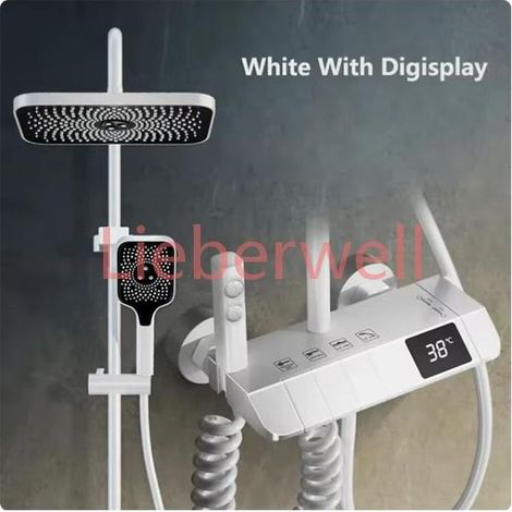 950-1350mm, YJYAJIE Thermostatic Digital Shower Faucet Set with LED Display, Pressure Balance Valve, Brass Body, Height Adjustable 3 Water Pipes, White Lacquered Finish (1/5)