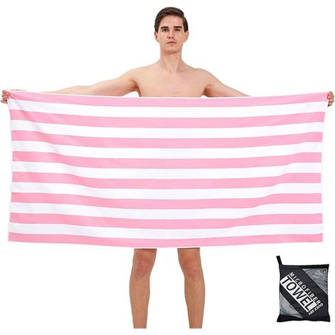 Microfibre Beach Towel with Bag, 160 x 90 cm, Pink Stripes Beach Towel, Sandproof, Soft, Absorbent, Portable, Lightweight, for Swimming Pools, Holidays, Yoga, Camping (1/3)