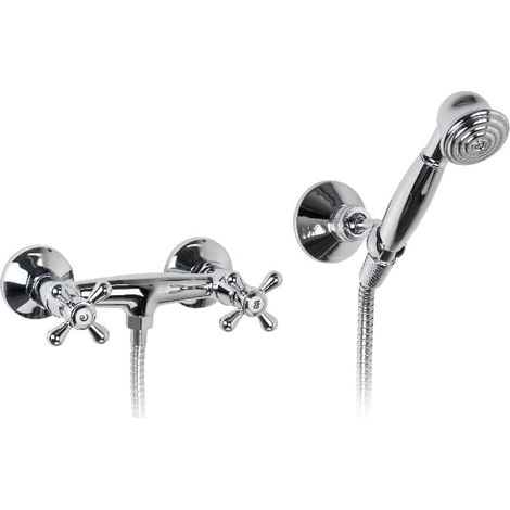 Mélangeur douche mural rétro avec douchette et flexible HERITAGE 2 coloris Chrome