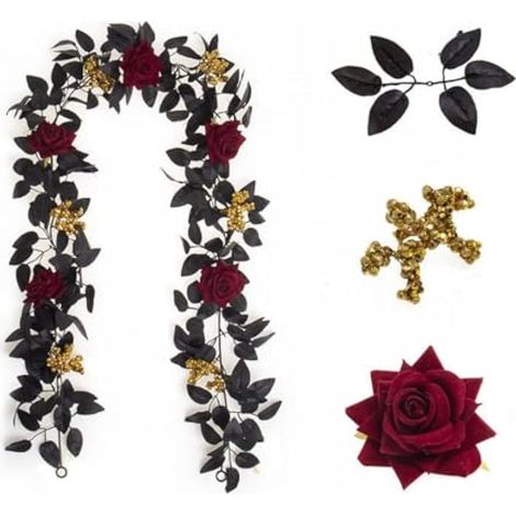 Guirlande de roses noires artificielles de 1,75 m, fleurs rouge foncé et baies dorées, guirlande florale gothique pour Halloween, décoration murale, miroir ou table de mariage (1/5)