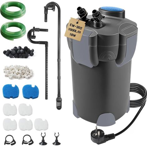 Filtro esterno per acquario da 1000 l/h e 18 W, pompa esterna regolabile con materiale filtrante, filtro silenzioso per laghetto con 3 stadi di filtrazione per acquari fino a 300 litri, nero.