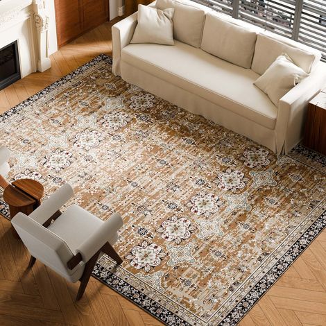 Tapis Salon, 2,7x3,7 m, Grand Tapis Chambre Lavable et Antidérapant, Poils Courts et Denses, Résistant aux Griffures Animaux, Doux, Style Vintage, pour Chambre, Bureau, Entrée, Marron et Vert (1/5)