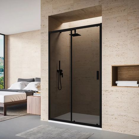 Cabine de douche 140 cm coulissante profilés noir mat verre fumé 6 mm h185 Tonga (1/4)