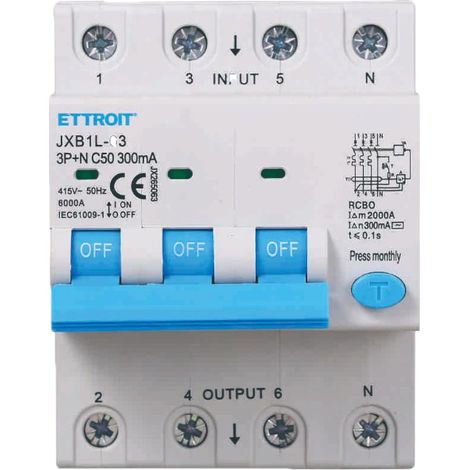 Interruttore magnetotermico differenziale 3P+N 50A 6kA 300mA 380V occupa 4 Moduli DIN Ettroit JX265063 (1/5)