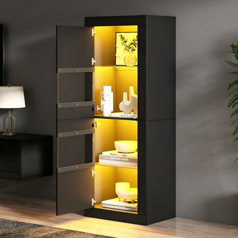 Vitrine noire LED avec étagère en verre, meuble autoportant 61x42x162 cm, armoire haute de rangement, présentoir éclairé, colonne de stockage. (1/5)