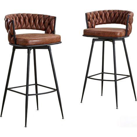 Tabouret de Bar Pivotant, Dossier Tressé Marron Foncé, Assise en Simili-Cuir Rembourrée, Structure Métal Noir, Tabouret Haut de Cuisine pour Îlot de Cuisine (1/5)