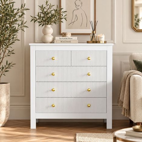 Commode 5 tiroirs 79x39,5x80,5 cm blanche, façades texturées, poignées dorées, meuble de rangement pour chambre et salon (1/5)