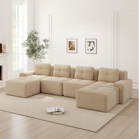 Divano modulare a U 4 posti con chaise longue, velluto a coste beige, senza montaggio, OKWISH (1/5)