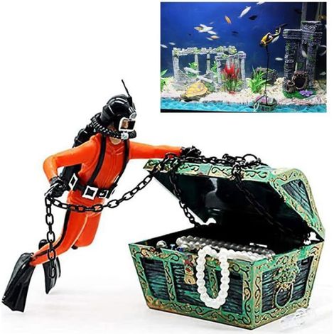 1 Décoration aquarium,résine,coffre au trésor plongeur,système de bulles,eau douce et salée