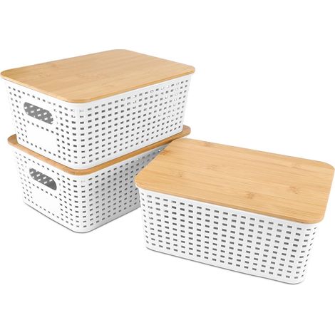 3 PièCes BoîTe De Rangement Avec Couvercle Bambou Panier Plastique (1/4)