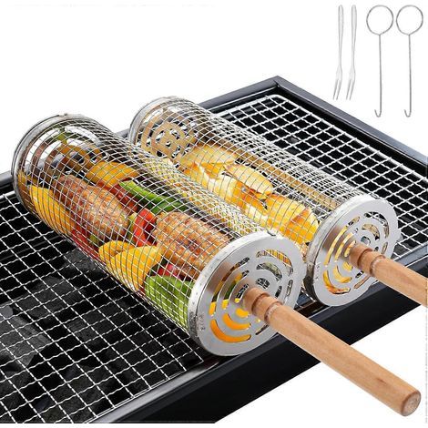 Set di 2 cestelli per griglia in acciaio inox con ruote e manico in legno rimovibile, accessori portatili per grigliate all'aperto. (1/5)