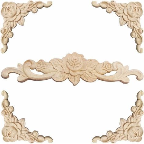 Moulure Décorative Bois 5 Pièces Rosace Florale Sculptée Applique Angle Décoration Meuble (1/4)