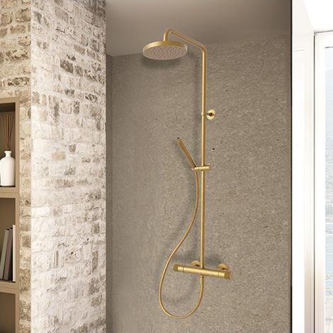 Cristina Ondyna – Colonne de douche thermostatique or brossé – Pomme haute avec flexible 150 cm – Inverseur 2 voies – Douchette anticalcaire – ES48696P