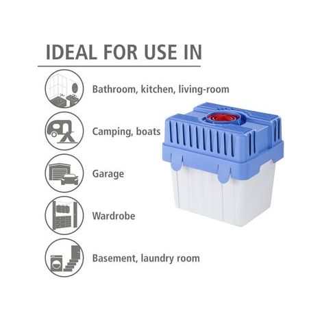 Wenko – Déshumidificateur 5kg – Absorbeur d'humidité pour espaces jusqu'à 100m² – Capacité 8L – Dimensions 29x29x24cm – Blanc et bleu (1/5)