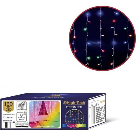 HIGH-TECH NATALE TENDA LUMINOSA 160 LED MULTICOLOR MT 2X2 - 8 GIOCHI DI LUCE CAVO TRASPARENTE DA 5 MT 8 STRINGHE (1/5)