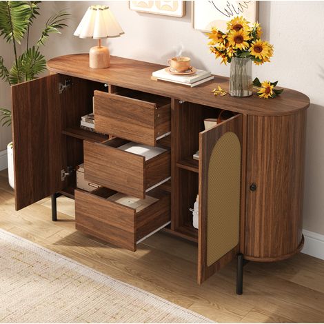 Sideboard 140x38x77.5 cm Nussbaum MDF mit Schiebetüren, Schubladen und verstellbaren Fächern (1/5)