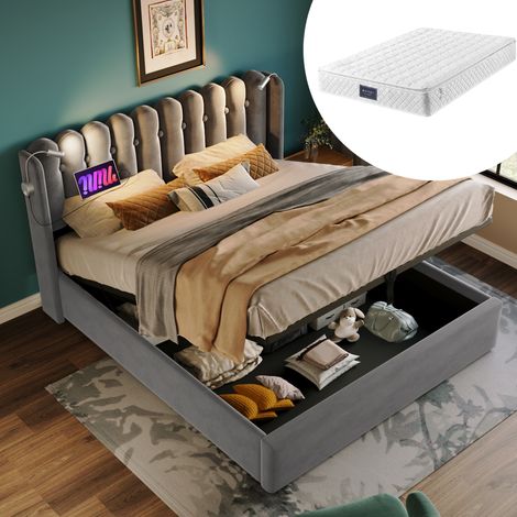 DESVIAE Lit double avec rangement sommier relevable LED de lecture USB tête de lit velours gris 160 x 200 avec sommier et matelas ressorts 7 zones H3 Grey (1/5)