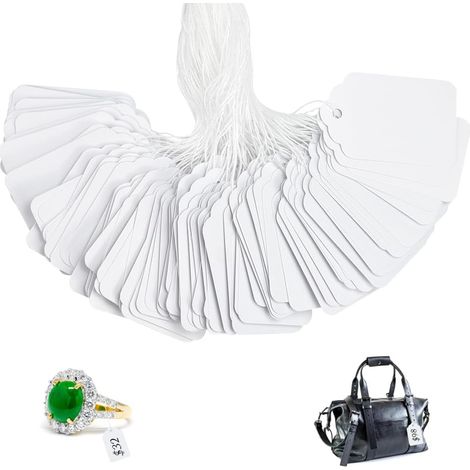 Etiqueta de precio blanca de 45x28 mm con cordón para tiendas, regalos, ropa y floristerías.
