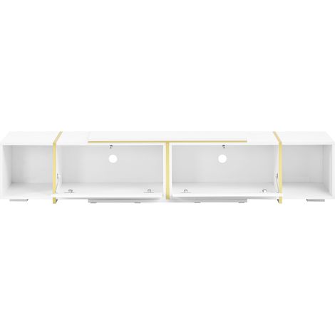 Mobile TV allungabile bianco lucido con inserti oro, 275 x 35 x 37 cm, in pannello truciolare (1/5)