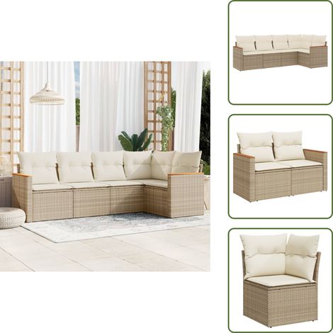 5-tlg. Garten-Sofagarnitur mit Kissen Beige Poly Rattan - Gartenmöbel - Outdoor-Möbel - Rattanmöbel - Lounge Set - Gartengestell (1/5)