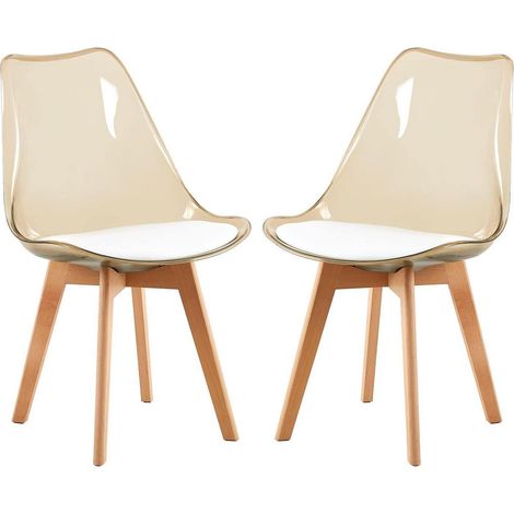 2er Set Esszimmerstühle Skandinavisch Transparent Braun mit Weißem PU-Leder Sitzkissen (1/5)