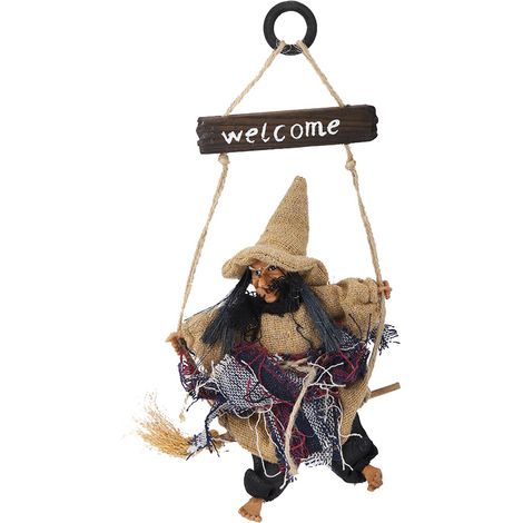 Poupée volante suspendue réaliste de sorcière avec balai, décoration de porte pour Halloween (Jaune) (1/5)