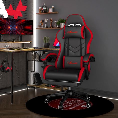 Ergonomischer Gaming-Stuhl aus PU-Leder und Stahl mit Kopfstütze und Höhenverstellung, verstellbarer Rückenlehne und Lendenkissen, 65 x 65 x 121–129 cm, Schwarz und Rot