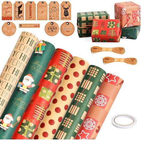 Juego de 6 hojas de papel de regalo navideño, 50 x 70 cm, papel de regalo kraft reciclado, papel de regalo navideño, papel de regalo para guirnaldas y colgantes de yute navideños. (1/5)