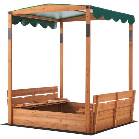 Arenero cuadrado de madera con bancos plegables y techo regulable 145 x 118 x 118 cm 030006395