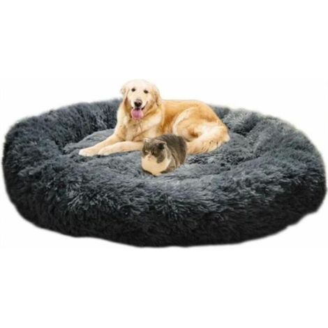 SABIR Lit moelleux rond pour Chat et Chien Extra large Lavable avec coussin,Deluxe Panier pour Animal Domestique-100x100cm-gris (1/4)