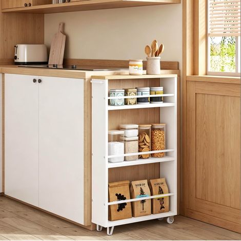 Carrito auxiliar 47 x 80 x 13 cm en blanco, con 3 estantes y ruedas, estrecho y compacto (1/5)