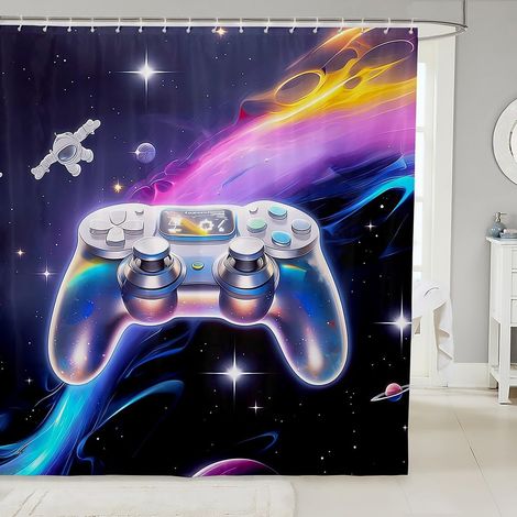 Tissu de Jeu Rideau Douche 180x200cm Console de Jeu Astronaute de L'Espace Console de Jeu Rideau de Bain Rangées D'Étoiles Rideau de Douche,Décoration de Salle de Bains de Console de Jeu de Garçon - 1 (1/5)
