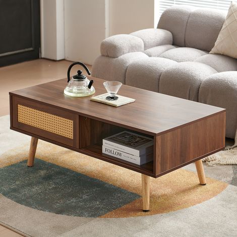 Table basse tressée panier avec portes coulissantes, pieds en bois massif, table de salon moderne, H40/L105/P55 cm-Finition Noyer Foncé
