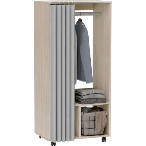 Homcom – Penderie ouverte avec rideau – 4 roulettes pour mobilité – Tringle de 56 cm – 2 compartiments pour rangement – 60 x 40 x 128 cm – Effet bois naturel