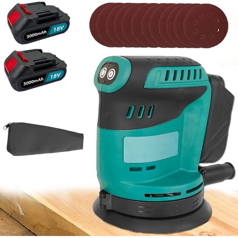5-Zoll-Akku-Exzenterschleifer, 6 Geschwindigkeiten, Elektroauto-Holzschleifer, Staubbeutel, 12 Schleifscheiben,2 3.0-A-Akku + Ladegerät, kompatibel mit Makita-Akku