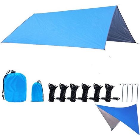 Auvent portable imperméable avec sac de rangement, SPF 300x300 cm, bâche de camping légère adaptée à la randonnée pour 3 à 4 personnes, bleue. (1/5)