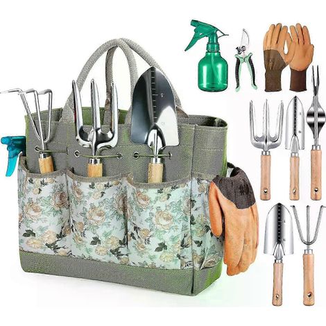 Ensemble d'outils de jardin Grenebo 9 pièces avec outils en acier inoxydable et sac de rangement (1/4)