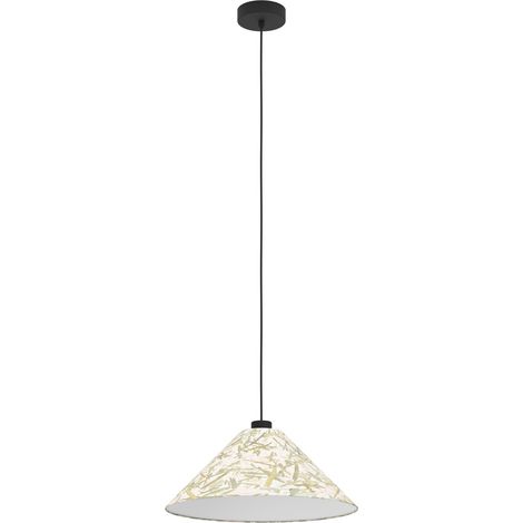 EGLO Hängelampe Oxpark, 1-flammige Pendelleuchte über Esstisch, Esszimmerlampe aus Metall in Schwarz und Textil mit Bambusblättern, Hängeleuchte mit E27 Fassung, Ø 42 cm