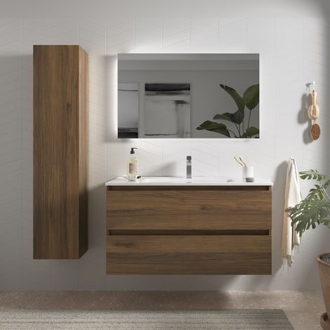 Cygnus Bath – Meuble de salle de bain 100cm – Noyer – Vasque en porcelaine blanche – Tiroirs à fermeture amortie – Finition Gris Onix