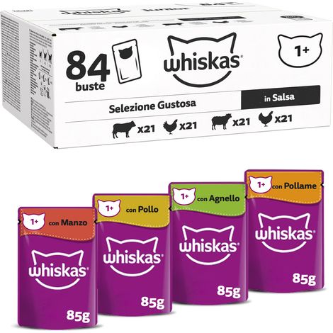 Whiskas Selezione Gustosa in Salsa 1+, Cibo Umido per Gatti, Pacco Formato Scorta, 84 Bustine ognuna da 85g (84 x 85g) (1/5)