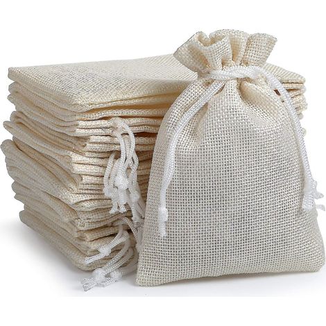 Set mit 20 Geschenktüten aus Leinen und Jute, Jutebeuteln mit Kordelzug, Schmuckbeuteln, Gastgeschenktüten – Weiß