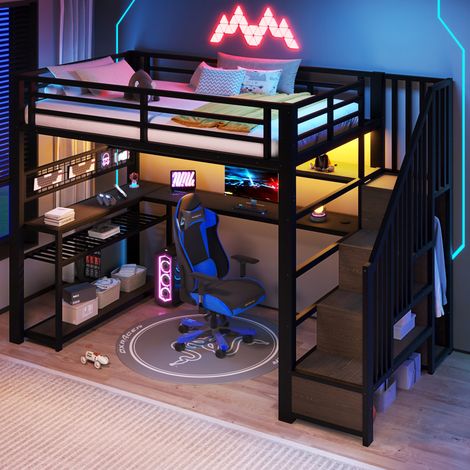 Lit mezzanine gaming en métal 90x200, lit mezzanine enfant avec éclairage LED, armoire, bureau et espace de rangement, noir (1/5)