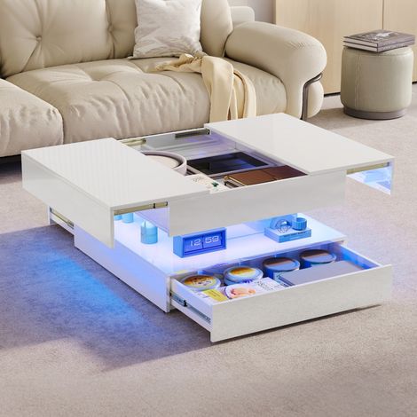 Table basse moderne carrée 78x78x43 cm, en finition haute-brillance, design à deux niveaux, avec éclairage LED, 3 tiroirs de rangement et étagère ouverte - Blanc