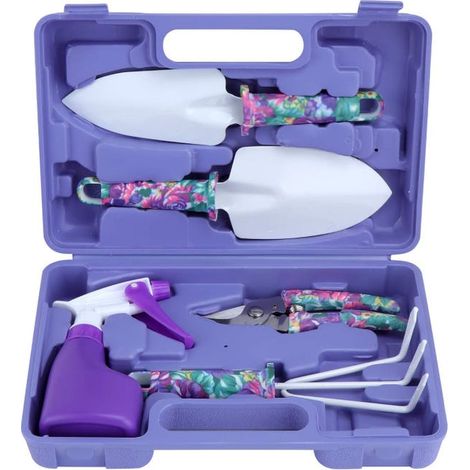 Ensemble de 5 outils de jardinage avec boîte de rangement, transplantoir, ciseaux, râteau, pulvérisateur antirouille (violet) (1/5)