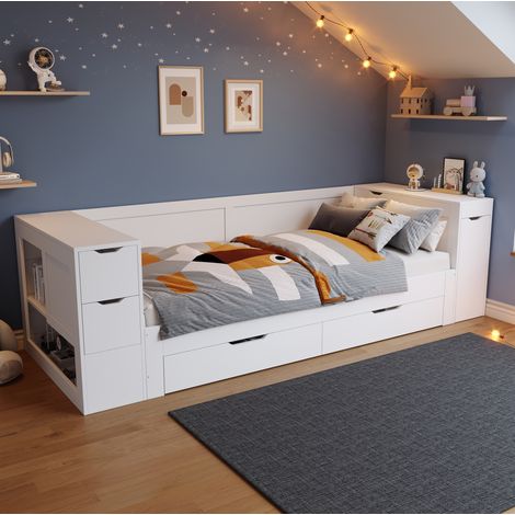 Bett Kinderbett Stauraum 90x200 MDF Weiß OKMYHOME (1/5)